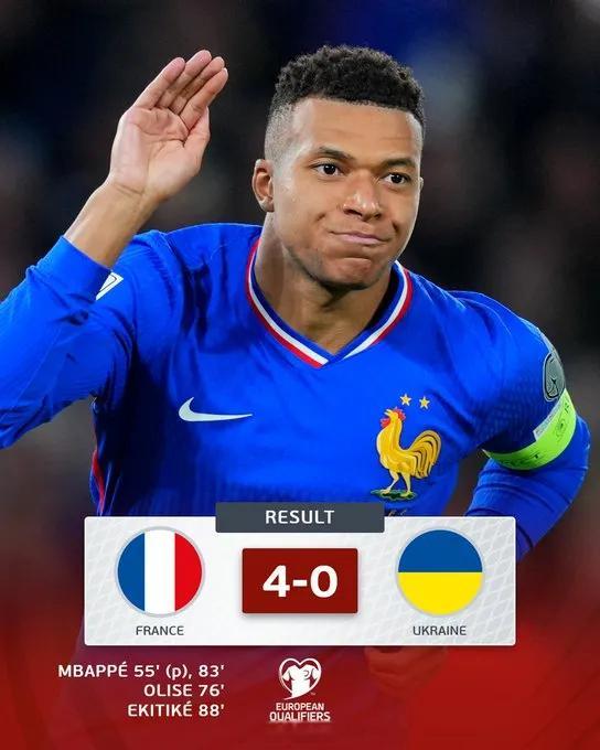 世预赛欧洲区小组赛D组第5轮，上半场双方均无建树，下半场奥利塞造点，姆巴佩点射命