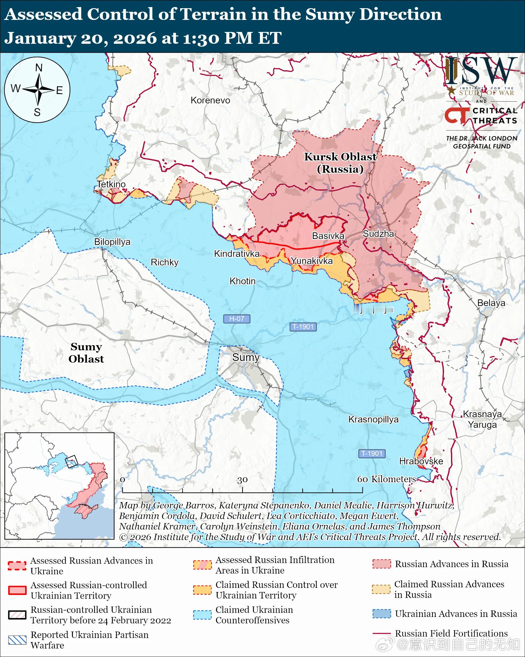北方轴心俄罗斯的目标：在苏梅州沿国际边界建立可防御的缓冲区。1月20日俄军继续在