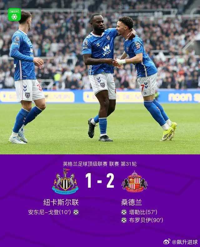 德比双杀！桑德兰2-1逆转纽卡，布罗贝伊绝杀，塔勒比、戈登破门北京时间3月22日