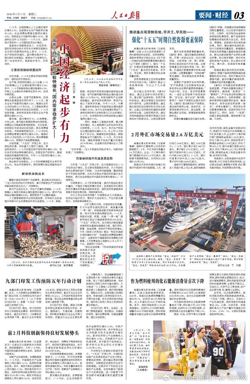 【今日#人民日报海外版导读# | 中国经济起步有力】今日出版的#人民日报海外版#