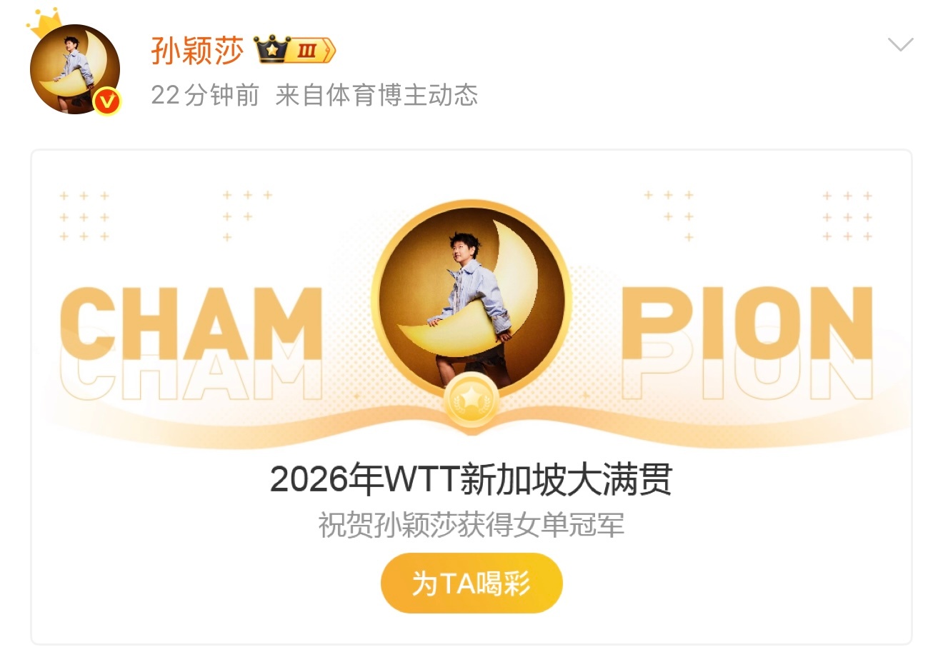 孙颖莎女单夺冠你怎么知道我宝宝又拿了女单冠军