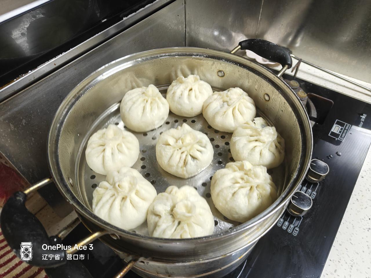 这是我昨天晚上蒸的包zhi，猪肉小白菜馅的，我没敢买大白菜，我还想再活几年，所以