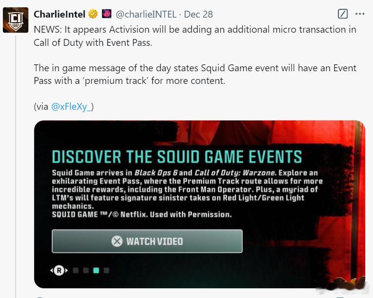 COD  COD被曝将会在鱿鱼游戏联动时推出活动战令（Event Pass），此