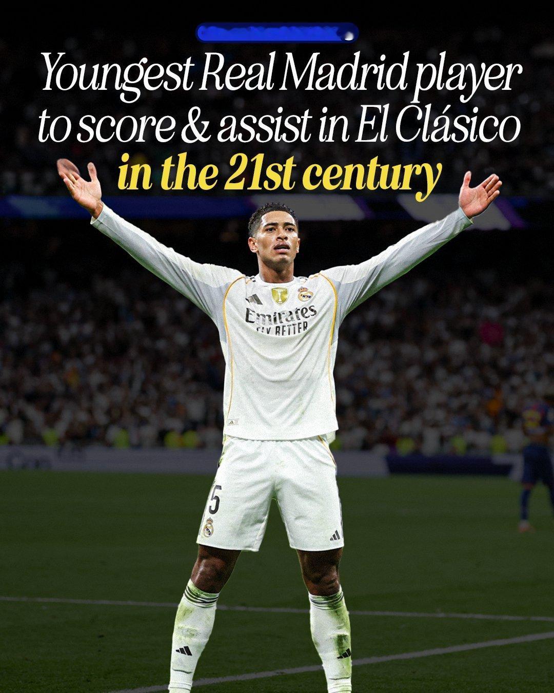 贝林厄姆是21世纪国家德比中为皇马一球一助的最年轻球员，他在22岁零119天打破