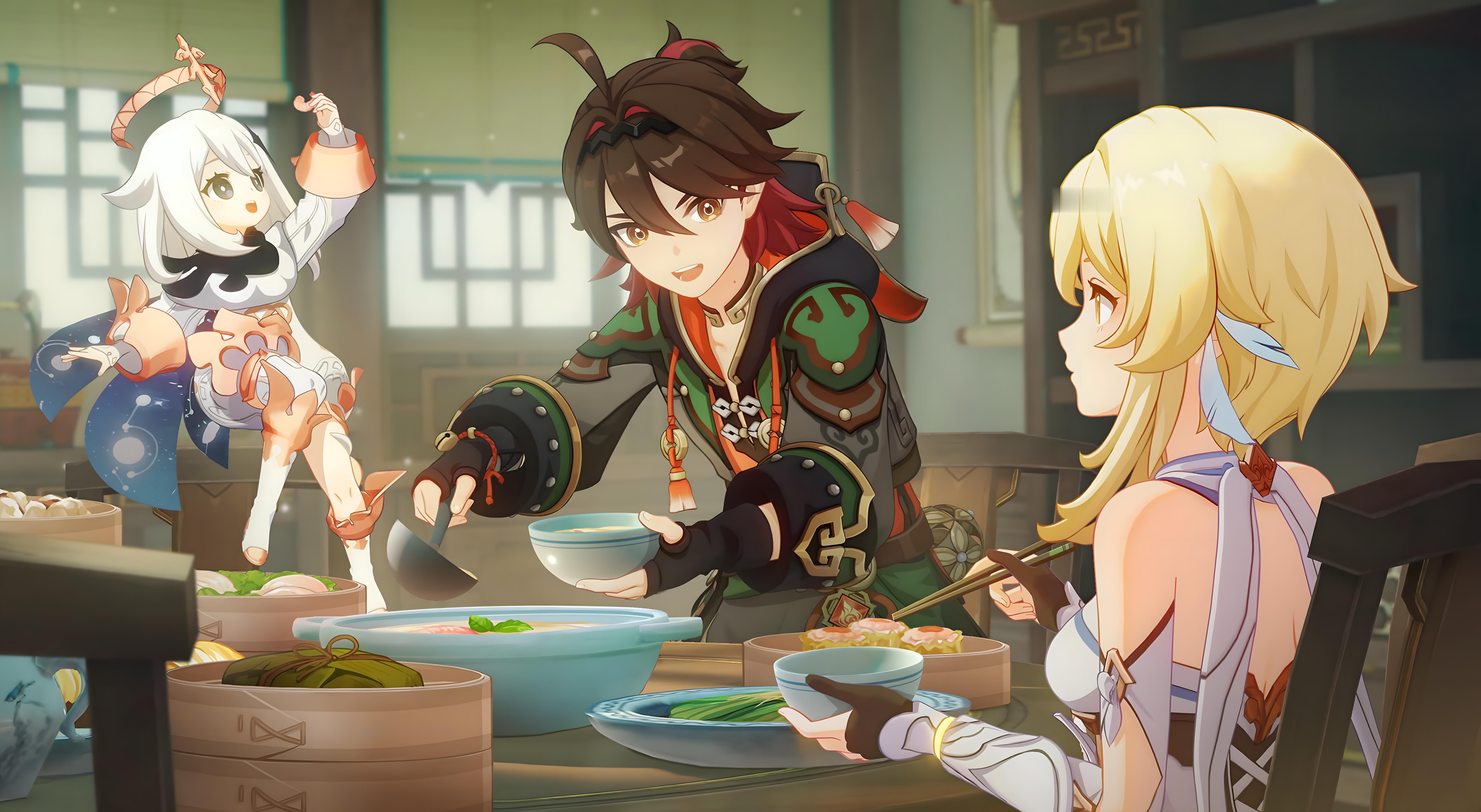 #原神[超话]# 海灯节饮早茶和放风筝的画面，高清无水印，过节好热闹，气氛十足[