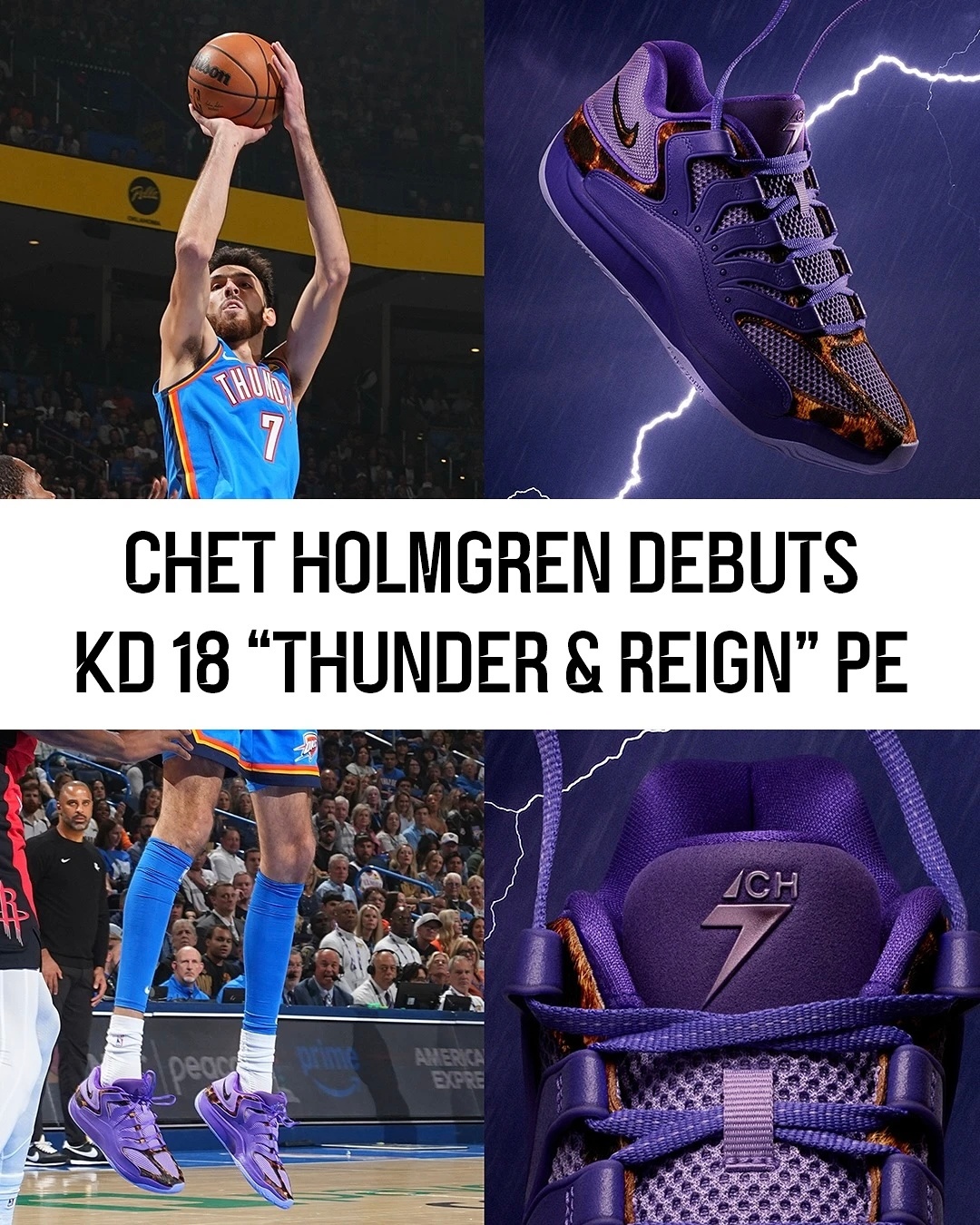 切特霍姆格伦昨日比赛上脚KD 18“Thunder&Reign”的PE，这也是他