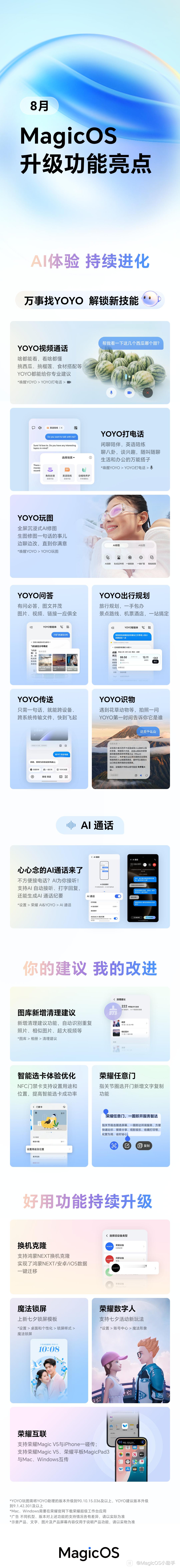 MagicOS 8月升级一览，新增AI通话、任意门开门新增复制、NFC新增位置选