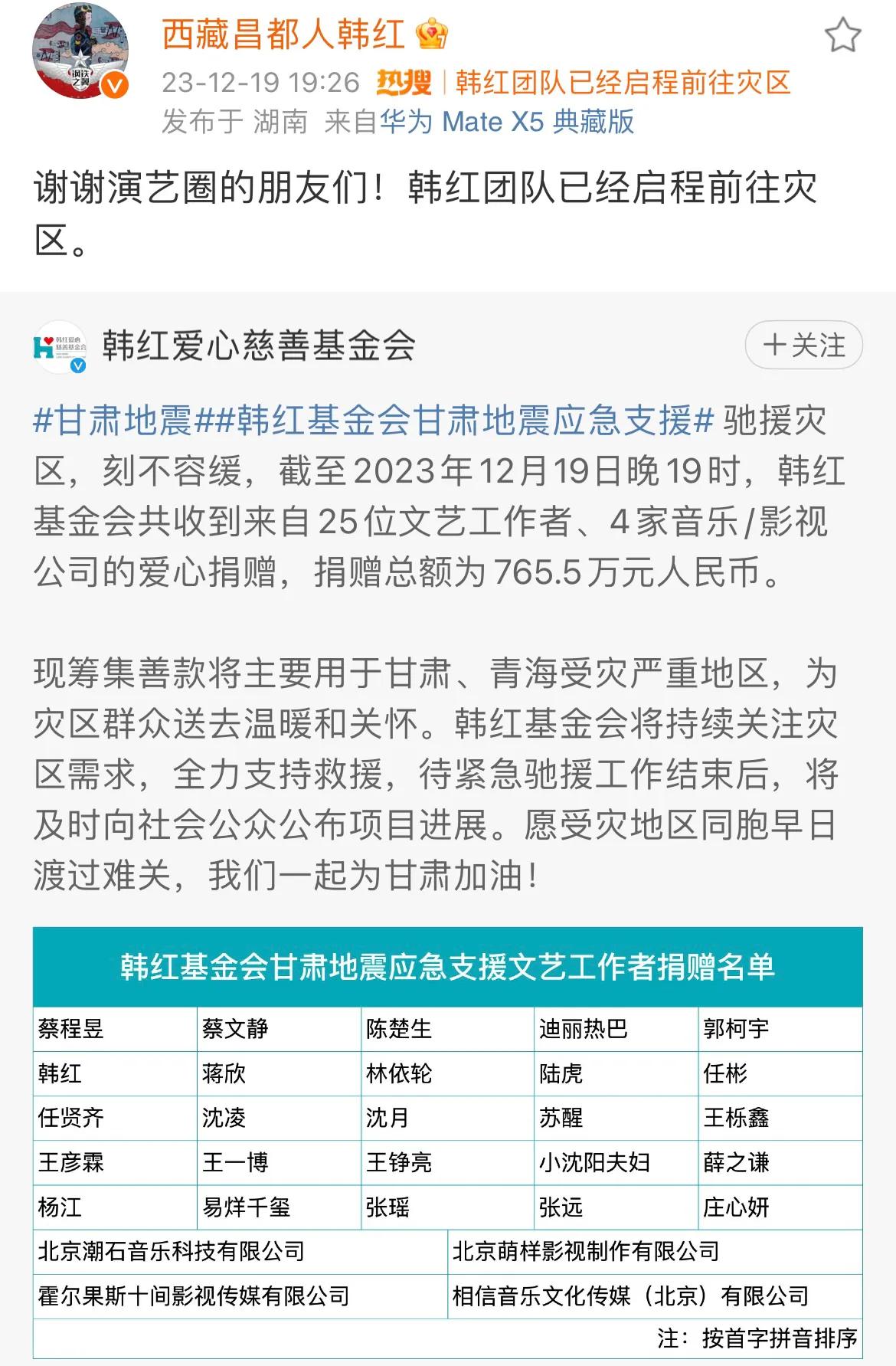 韩红，闷声干大事！

12月19日，深夜，韩红突然登上了热搜，原来，今天娱乐圈许