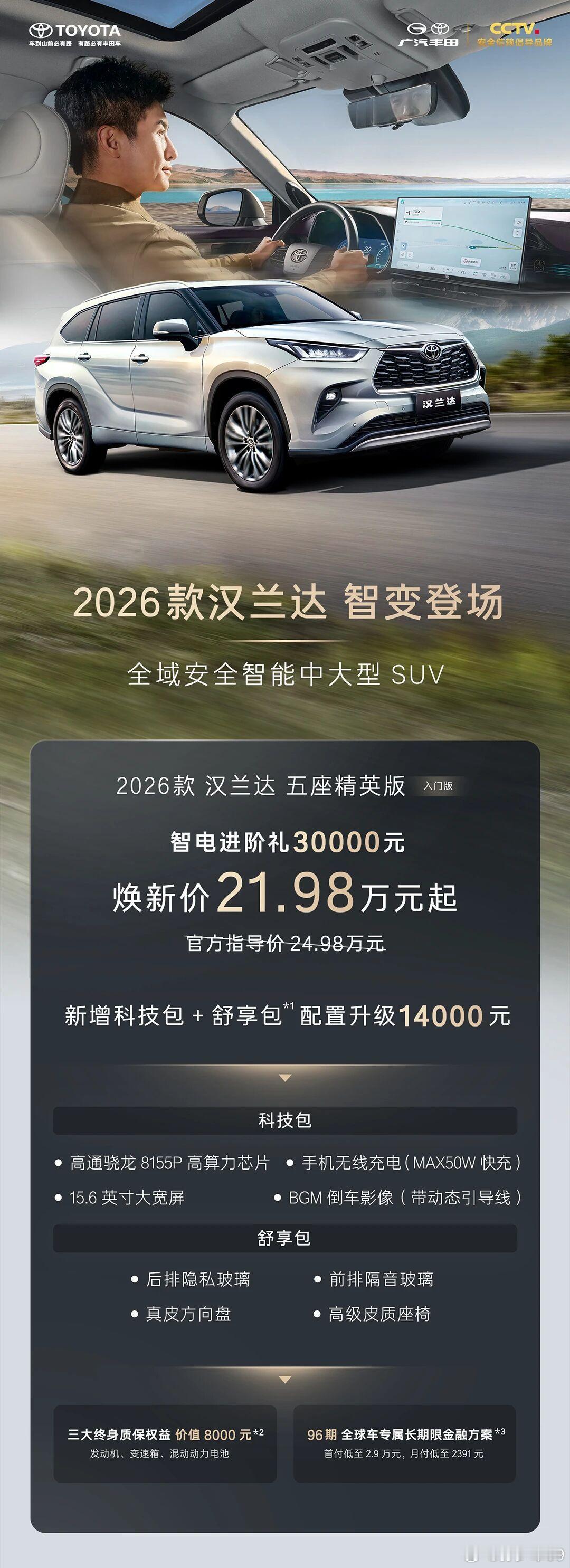2026款 汉兰达 五座精英版入门版，焕新价21.98万元起加1.4万可以升级真