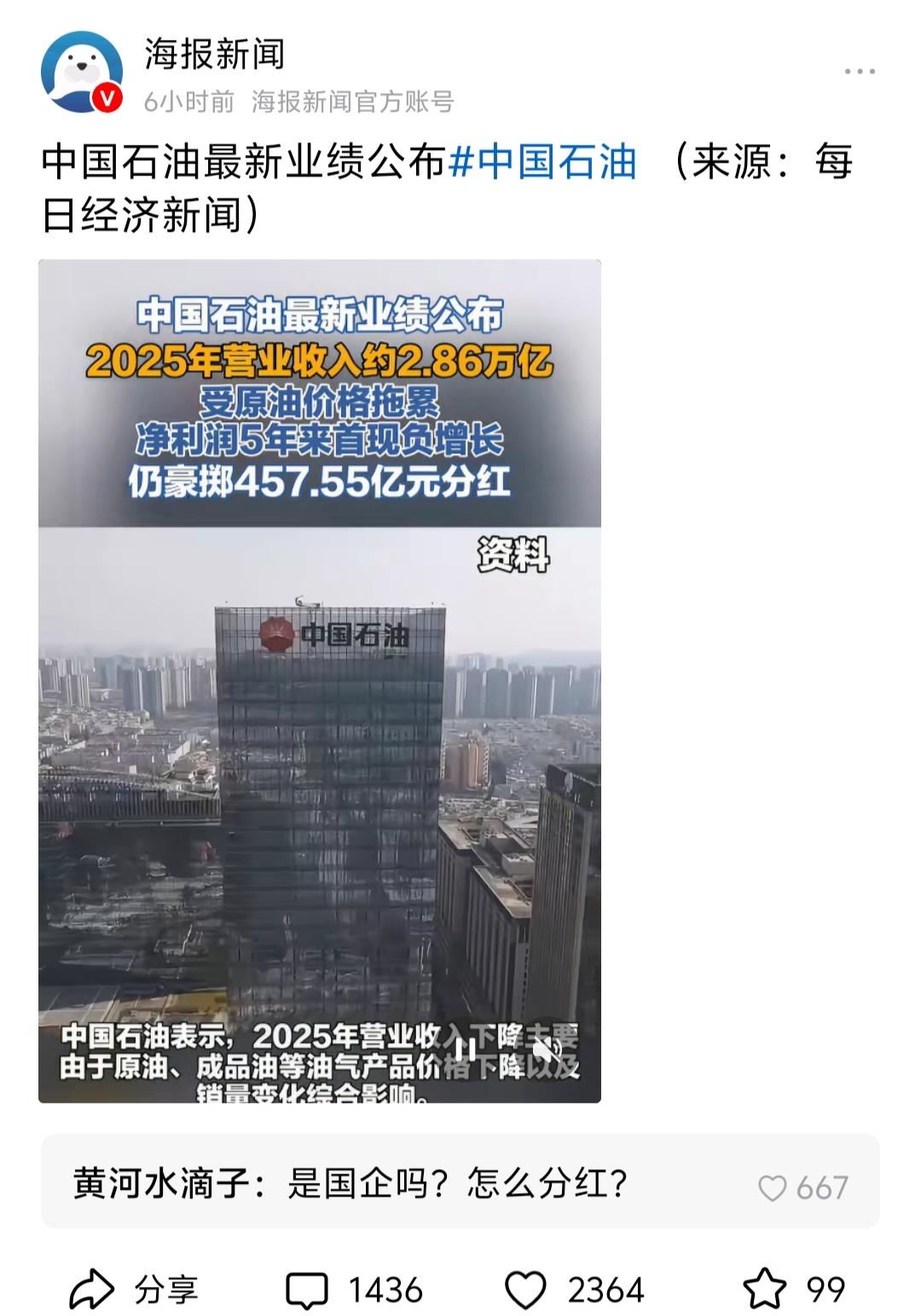 中国石油营收下滑但分红超450亿，原油价格拖累净利首现负增长。国企身份受关注，业