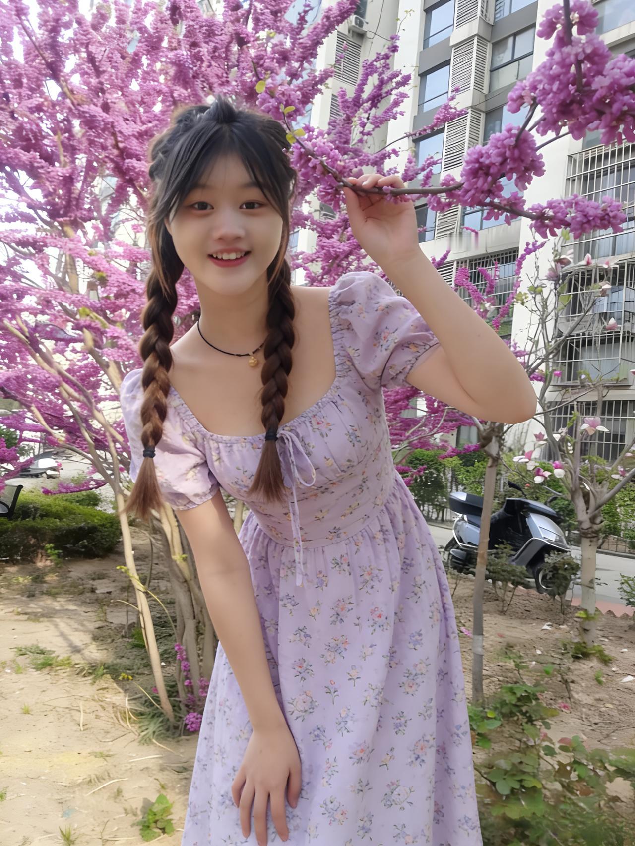 紫树繁花照眼明，佳人拈蕊笑相迎。
双辫垂肩拖锦带，紫裙曳地拂琼英。
眸含秋水凝晨