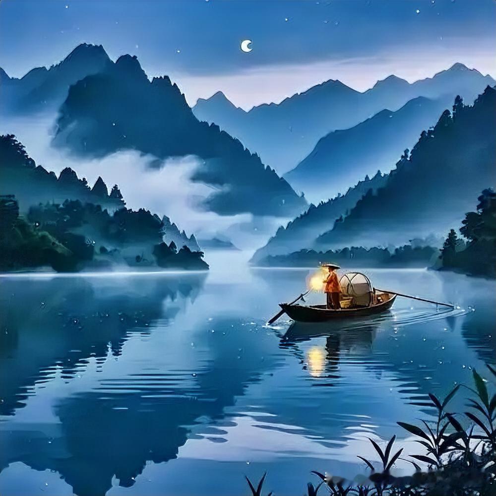 《夜坐》
——明·祝世禄
小步溪桥爱晚晴，
微波拍岸月华明。
渔灯几点蒹葭外，