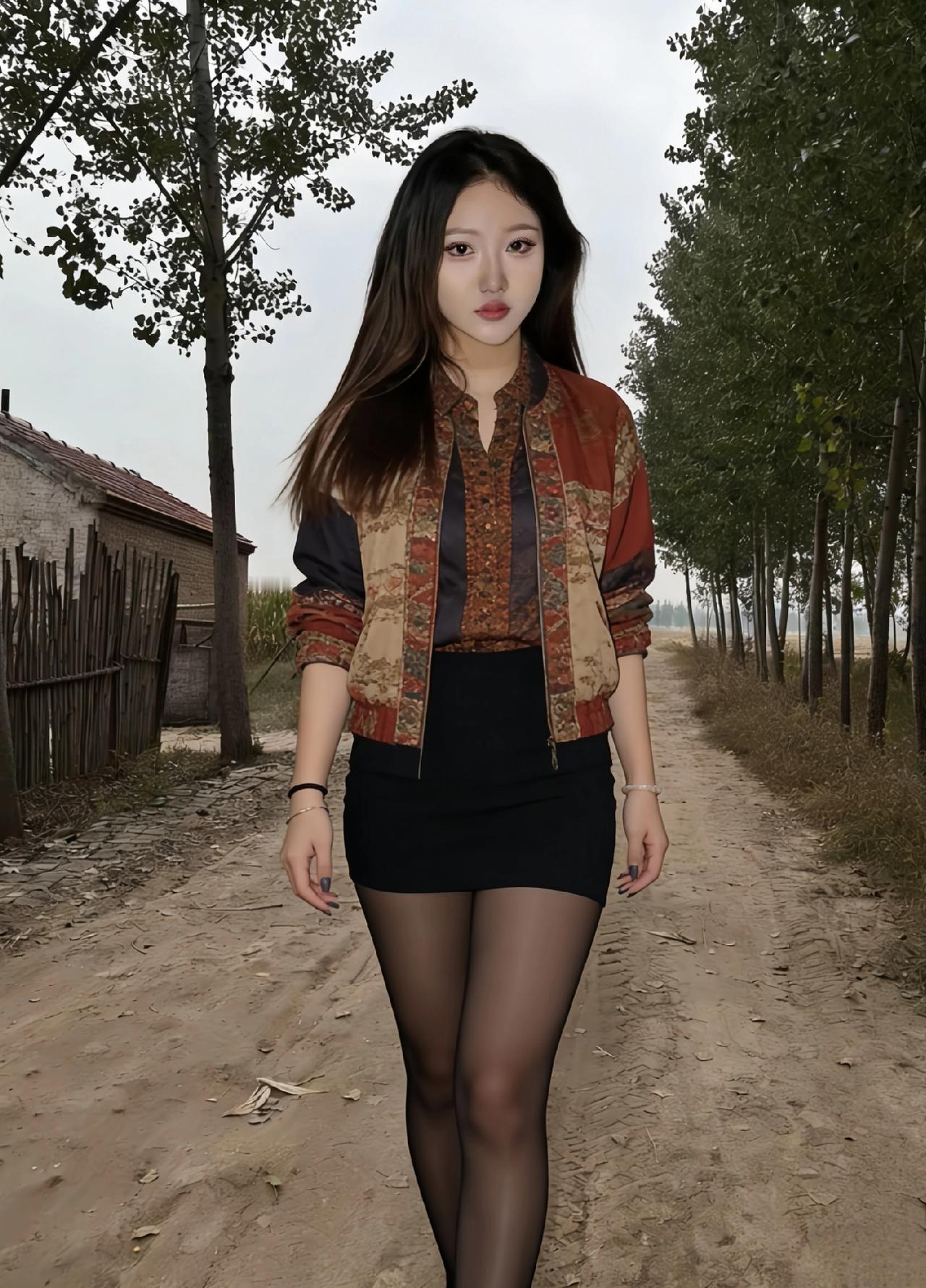 枯杨疏影覆乡蹊，红衫斜倚晚风微。黑裙裁得野云低。
素面不施脂粉艳，明眸长映稻畦西