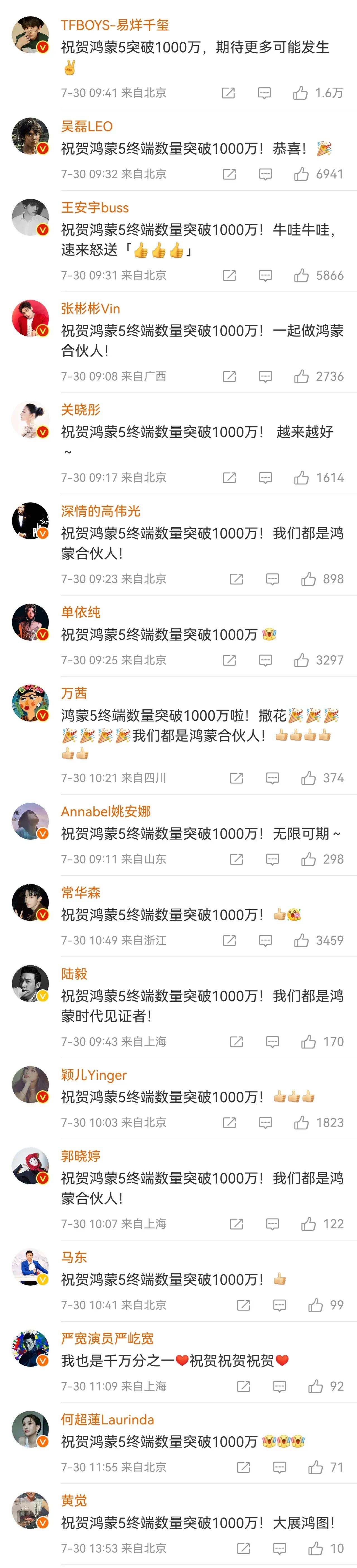 好家伙，这么多明星转发  

华子果然是华子，1000万还只是一个开始，我们国人