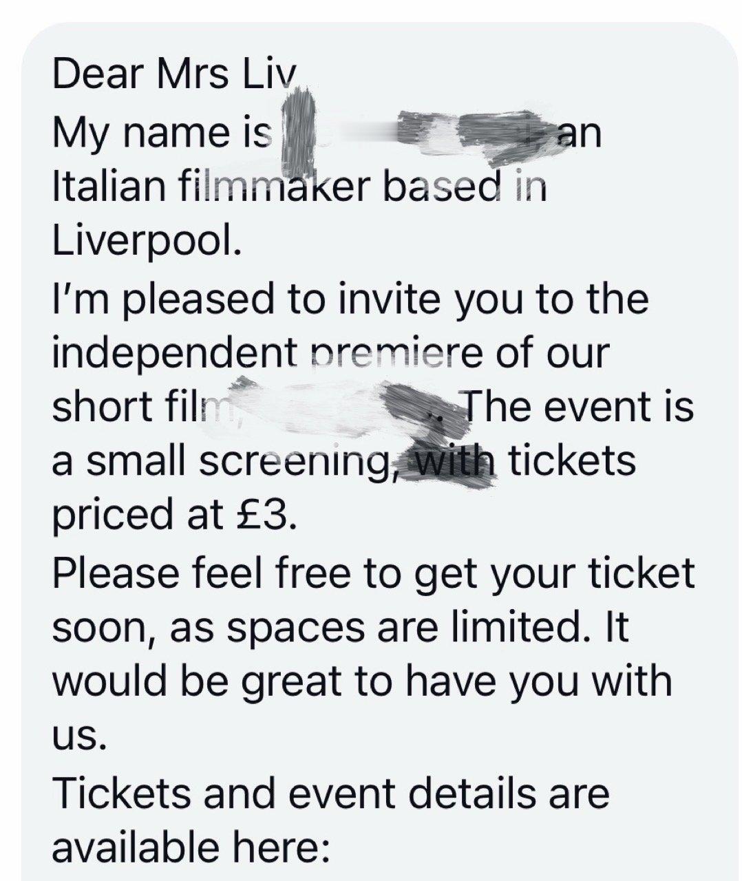 第一次碰见这种装着邀请我参加活动还得我自己买票的，而且这个票只要3镑