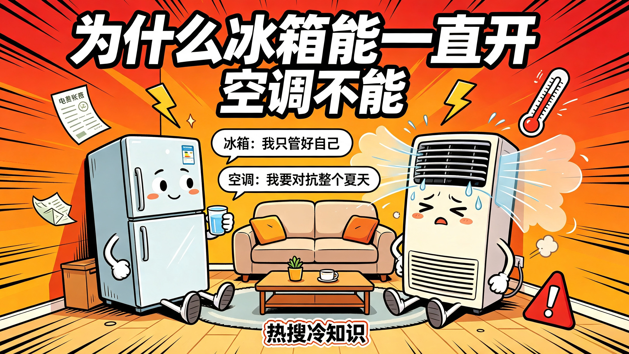 为什么冰箱能一直开但空调不能  就像在问“为什么你手机能一直开着但手电筒不能”—