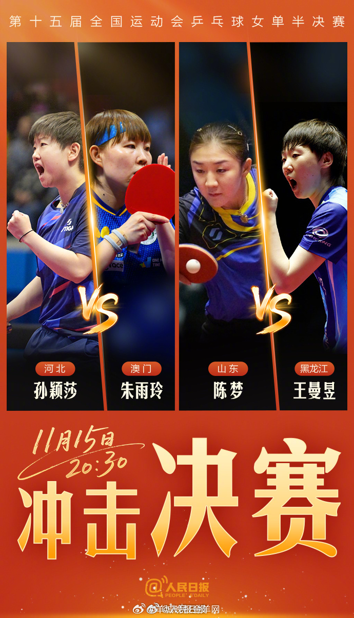 【转发加油！】今晚20:30，第十五届全国运动会乒乓球女单半决赛将进行。期待运动