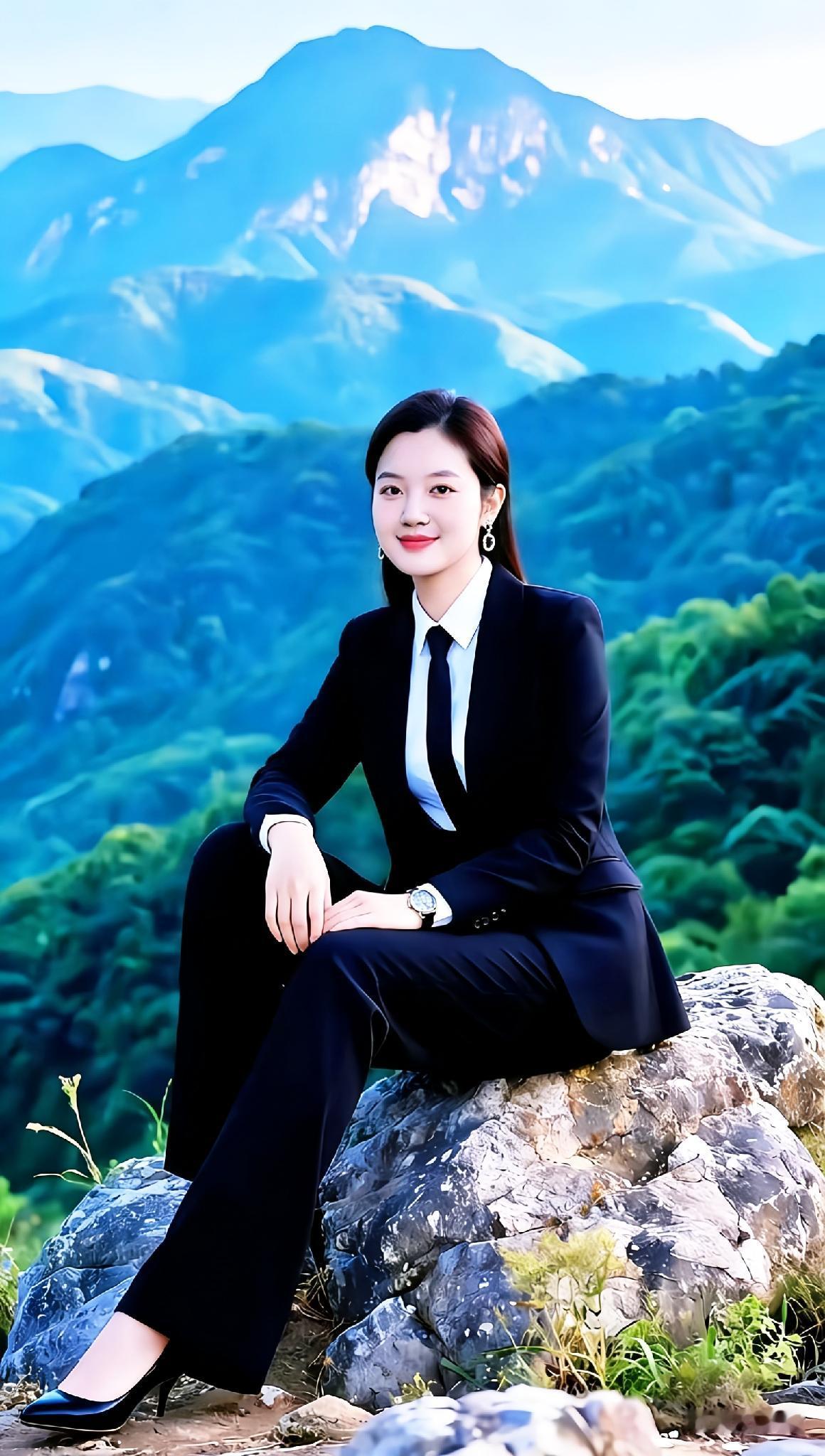 这位女士坐在山头，穿着黑色西装。