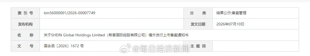 【SHEIN港股IPO获证监会备案】希音港股IPO获证监会备案据证监会网站消息，