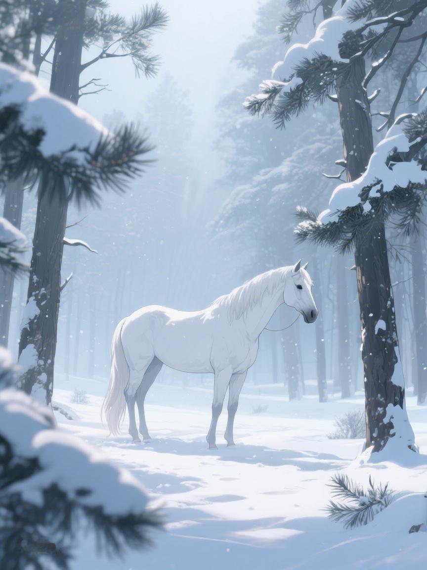 AI妙生图雪林里，那匹白马静静伫立，似在沉思，每片雪花都藏着岁月的秘语，引人遐思