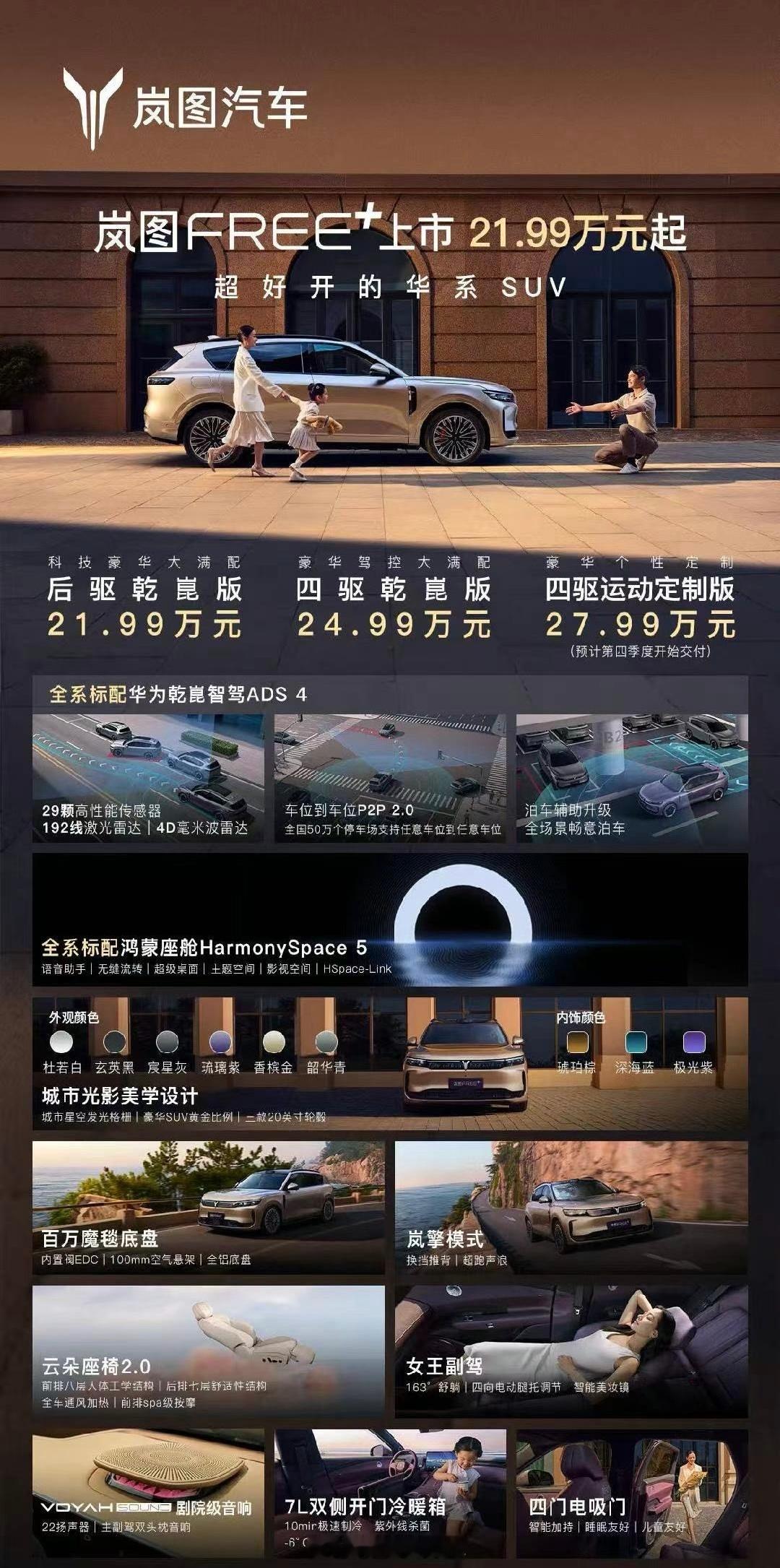 岚图FREE+正式价格来啦，21.99-27.99万～又一款华为系，直接标配乾崑