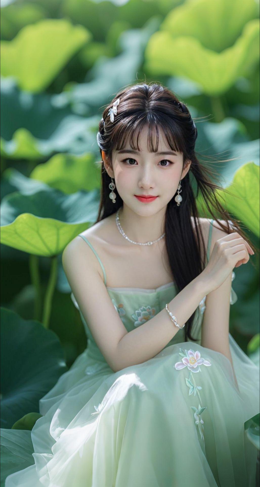 AI扩图 AI绿裙赏荷少女