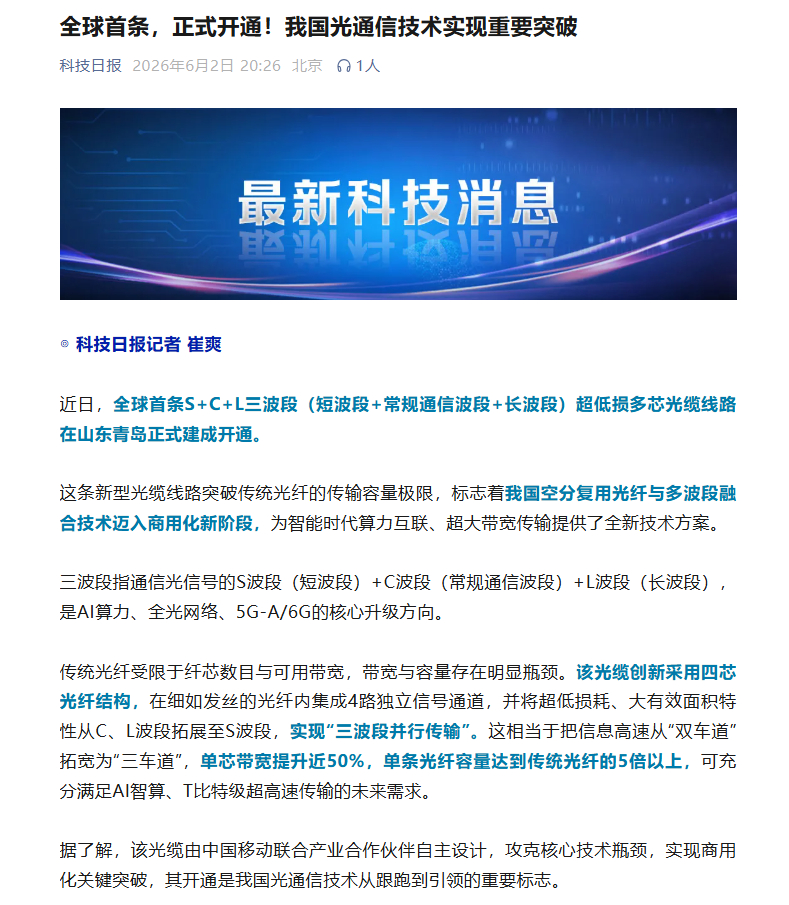 【我国光通信技术实现重要突破！全球首条三波段超低损多芯光缆线路正式开通】近日，全