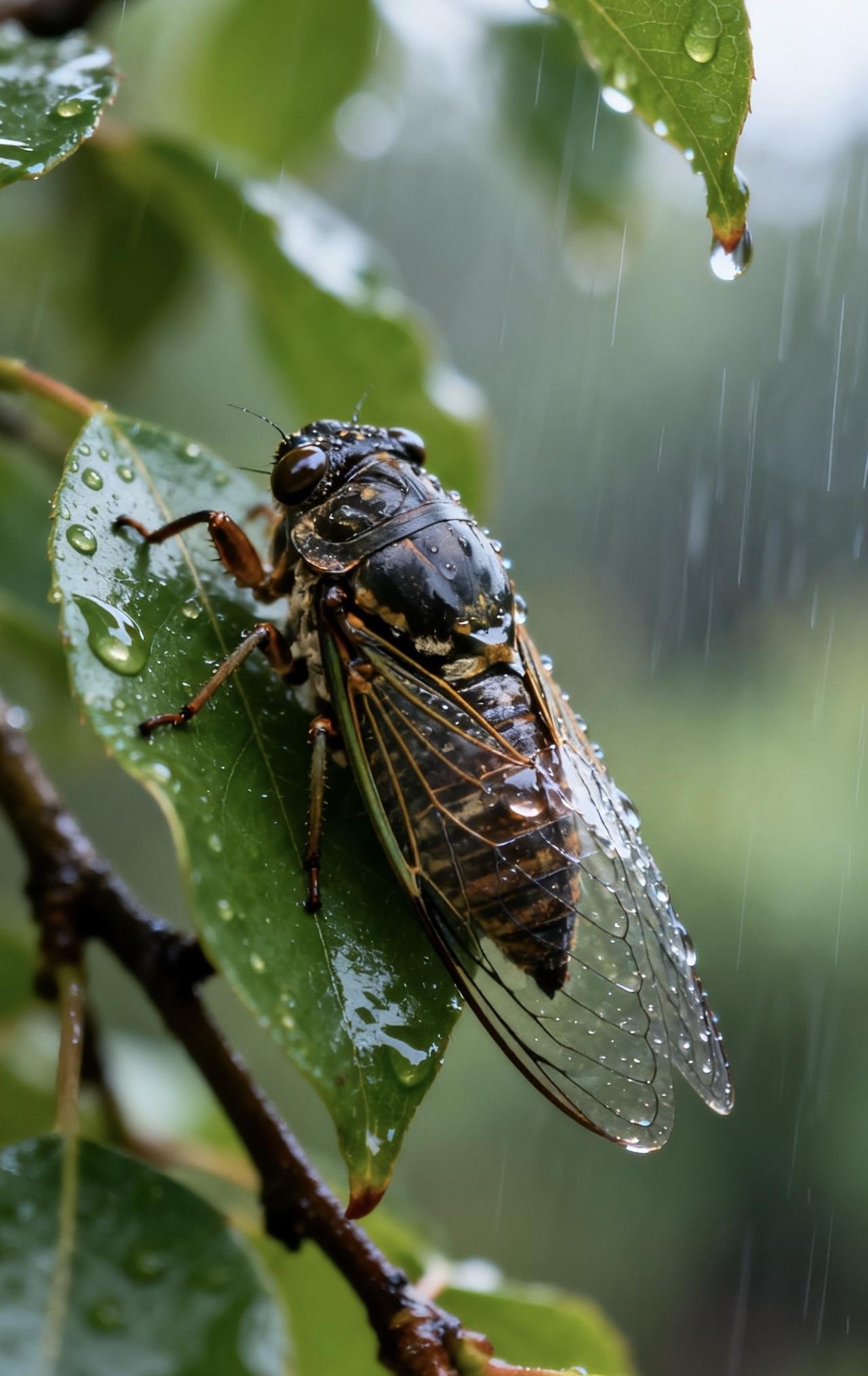 精美壁纸（827）🌈
📝微距镜头拍下雨中的一幕，雨点打在树枝树叶上，知了静静