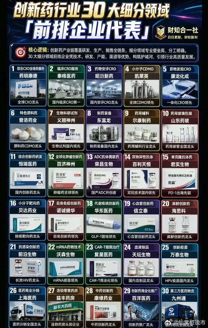 【创新药行业30大细分领域前排企业盘点！一图看懂产业链龙头】💊🔬📌 核心逻