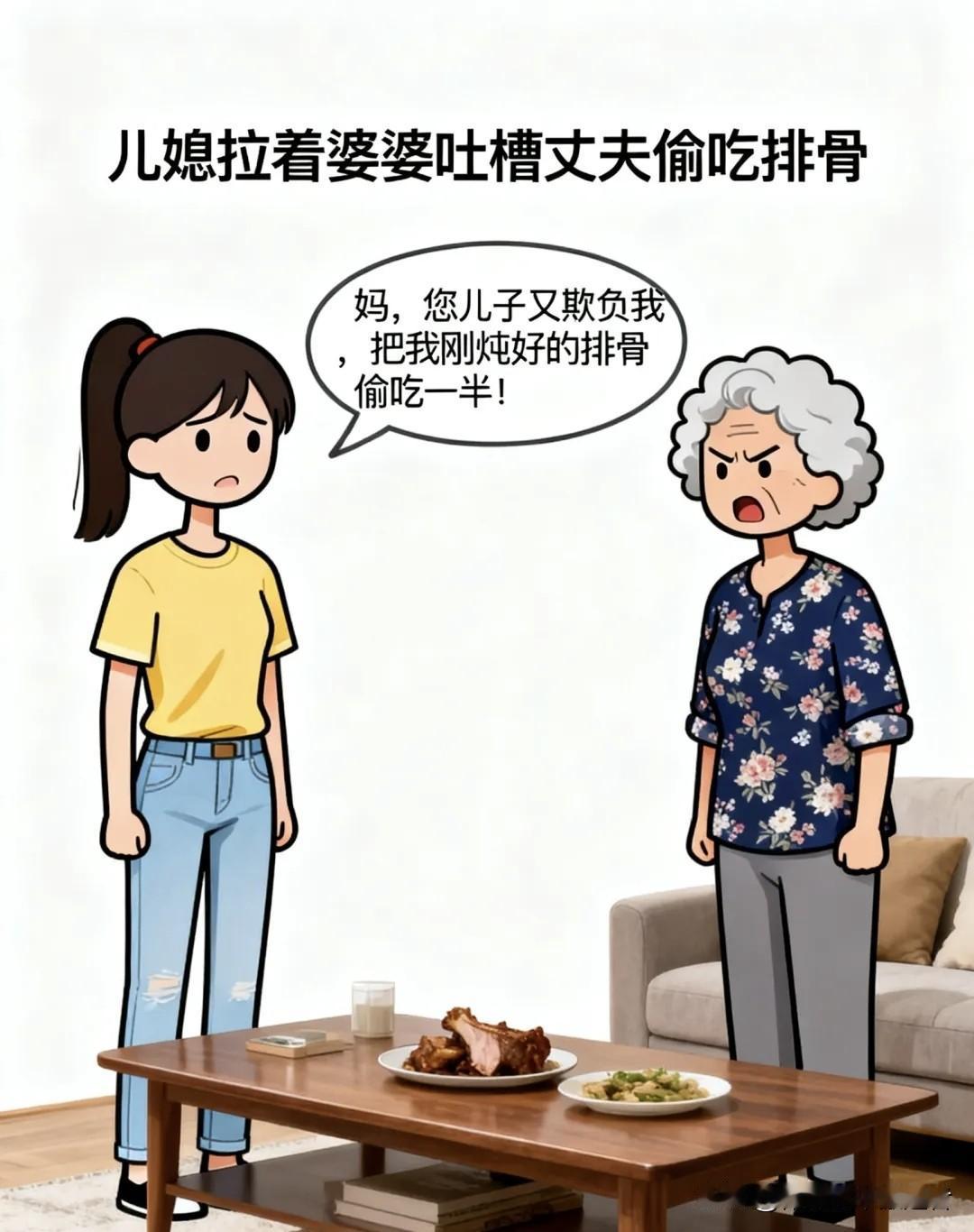 趣味漫画：我跟婆婆吐槽：妈，您儿子偷吃我刚炖的排骨！婆婆说：别怕，咱女人不能受委