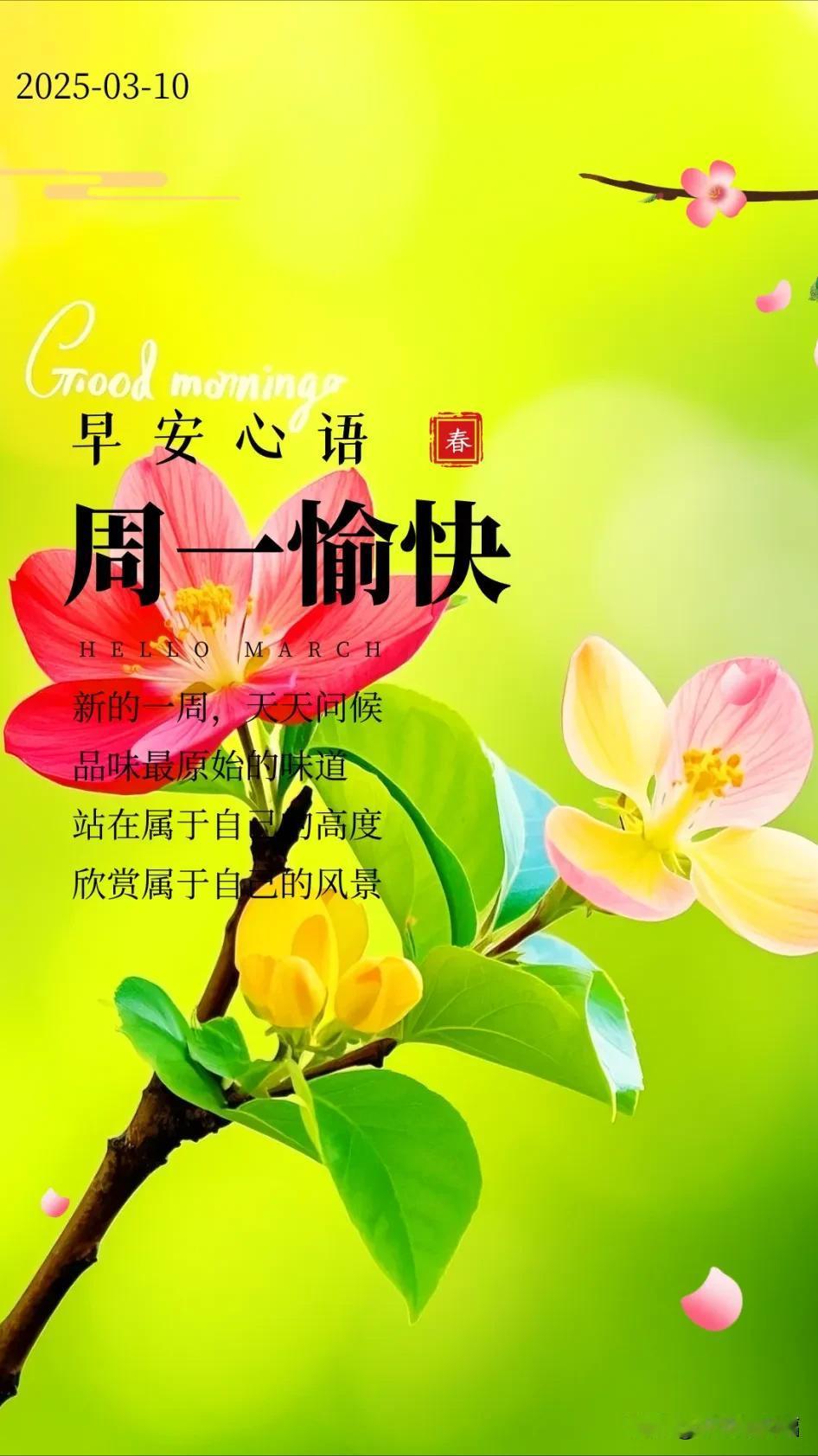 3月10日，今日早上好问候语

03-10 早上好问候语
新的一周，天天问候，真