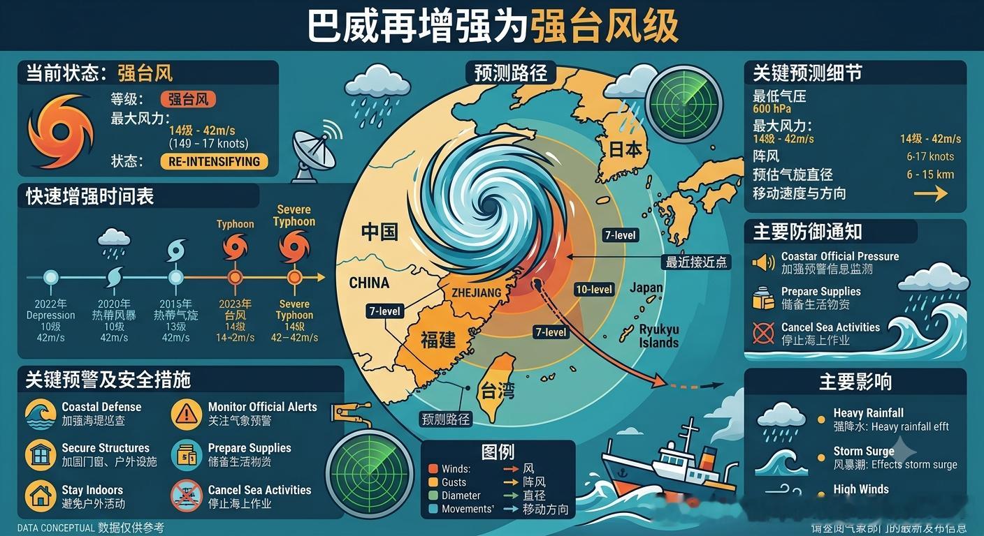 巴威再增强为强台风级 今年第9号台风“巴威”于今日零时再度增强为强台风级，目前正