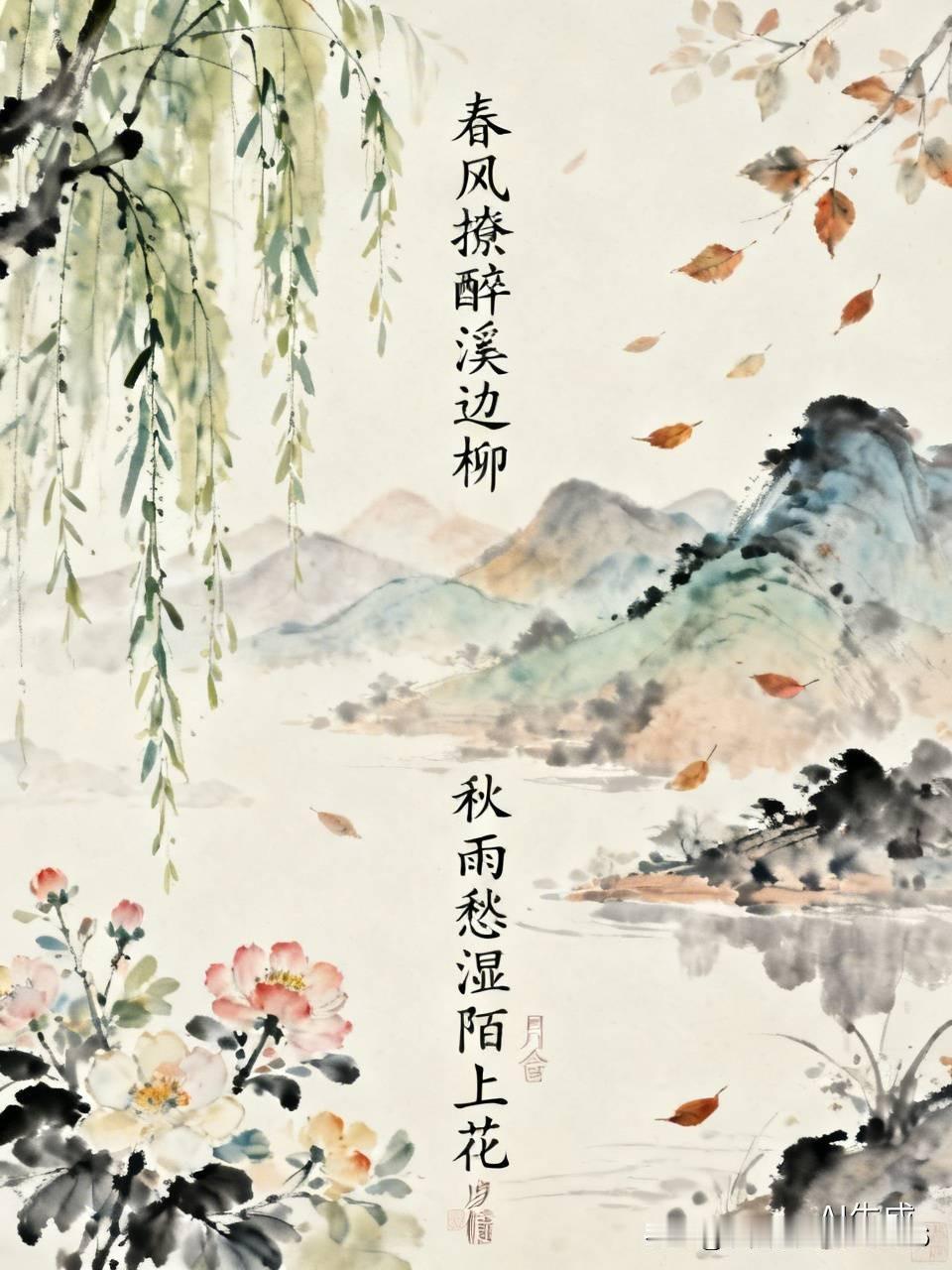 上联:春风撩醉溪边柳
下联:秋雨愁湿陌上花
横批:岁月含情