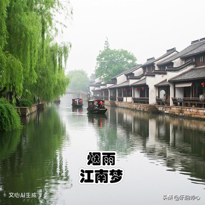 《烟雨江南梦》乐韵诗心原创诗词:
烟笼寒水柳丝柔，
黛瓦白墙映碧流。
乌篷摇曳波