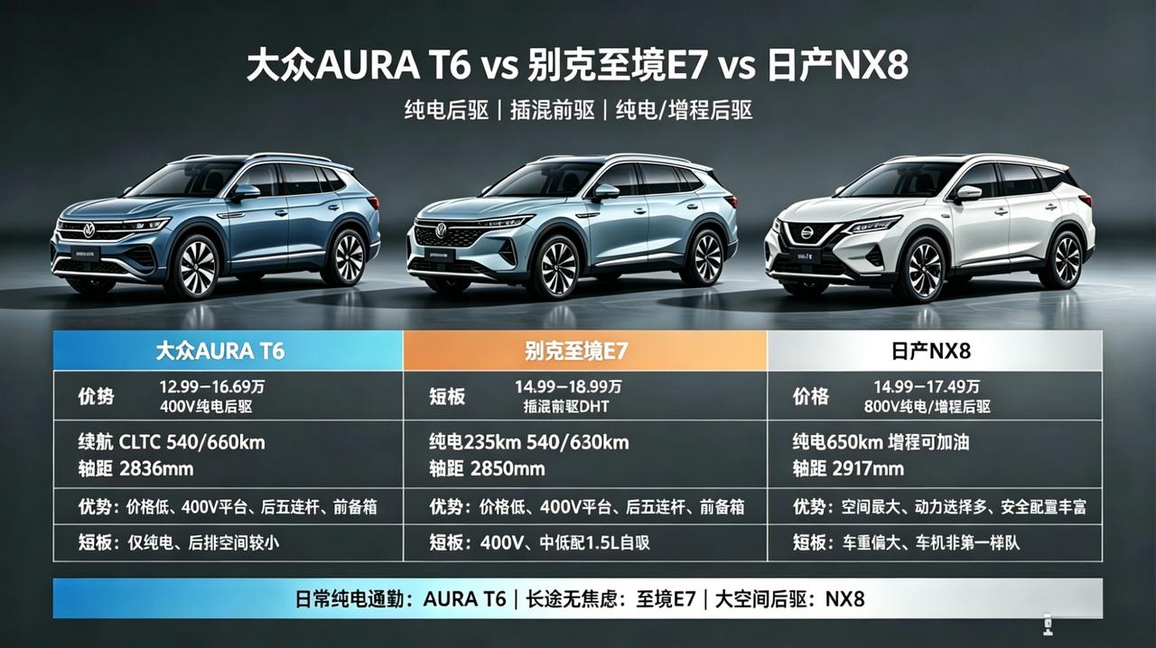 大众ID.AURA T6｜别克至境E7｜日产NX8 横向对比
 
大众AURA 