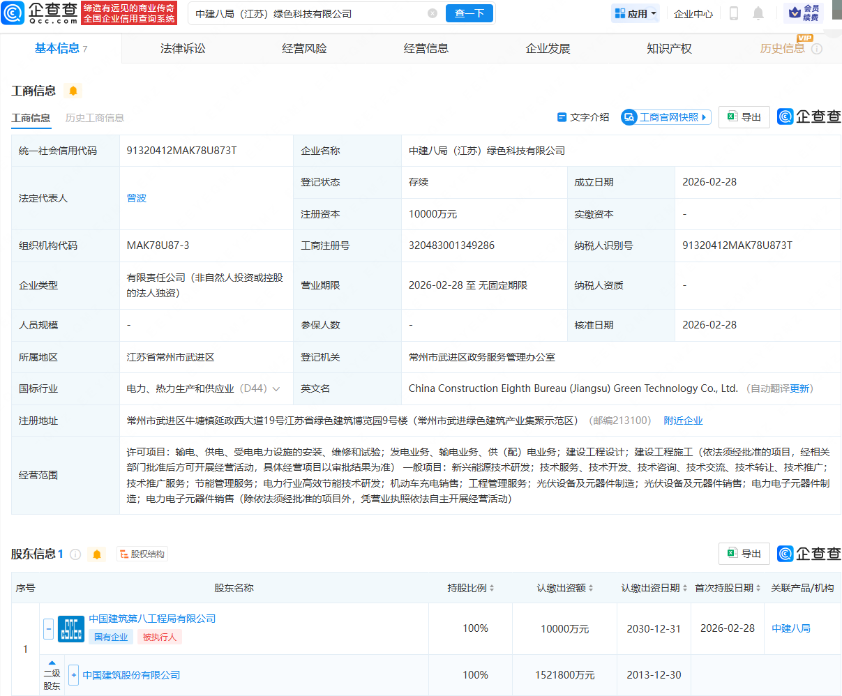 中国建筑成立绿色科技公司，注册资本1亿元