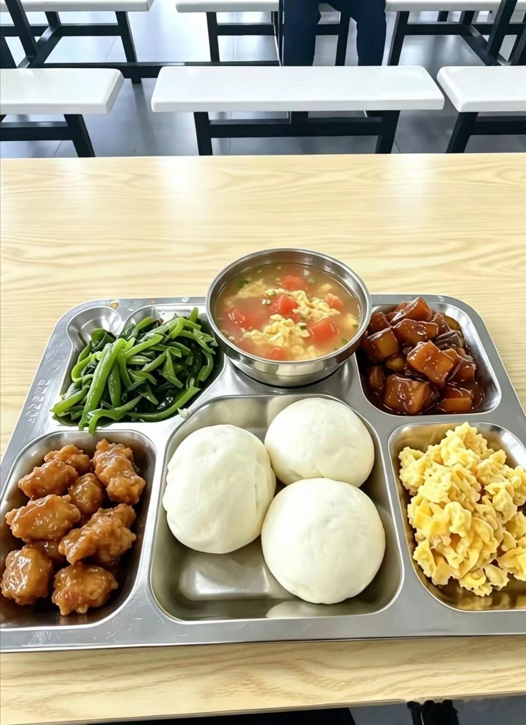 儿子发来今天中午他工厂食堂午餐，我看这生活水平不孬孬，
一份糖醋排骨
一份红烧肉