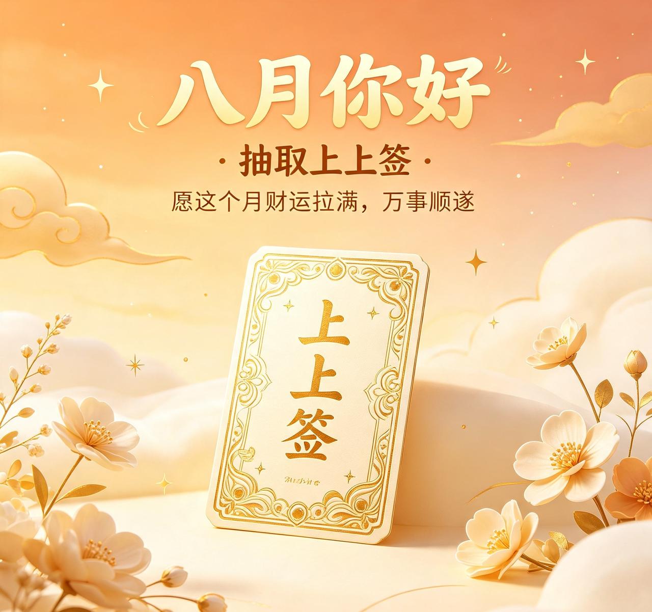 八月上新，抽取上上签✨
希望这个月财运拉满，万事顺遂
坐等万元大奖砸中自己～
个
