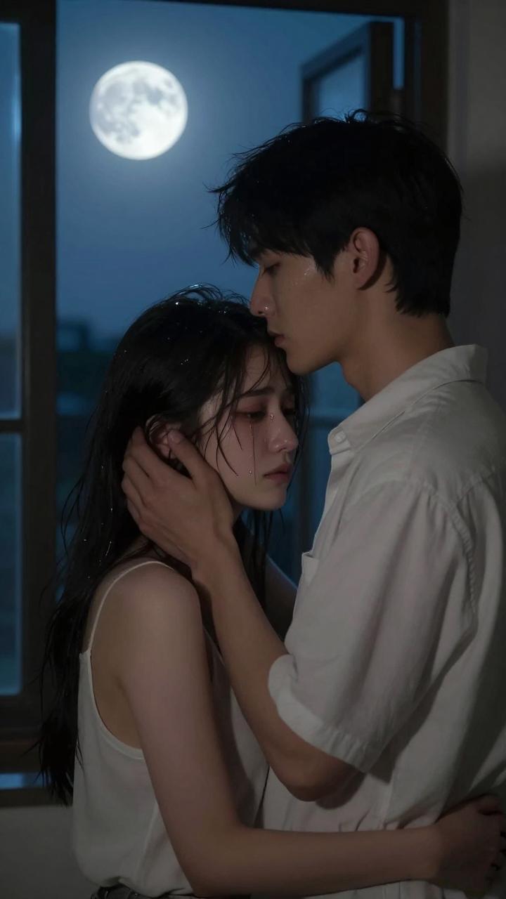 门开时，阿文撞见地毯上的苏冷——黑礼服衬得她像寒夜冷梅，清泪垂落，冷艳里裹着委屈