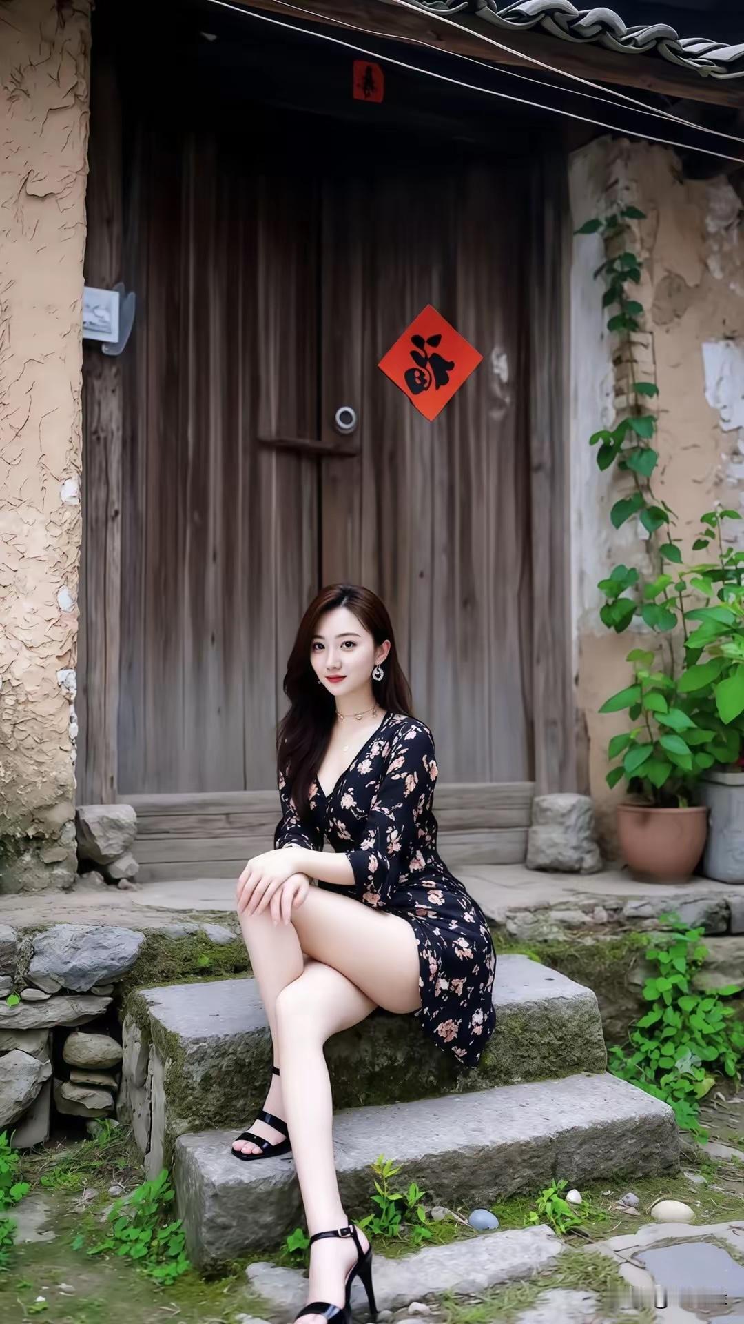 复古风穿搭，黑色印花连衣裙，坐在古朴木门前，享受宁静时光。