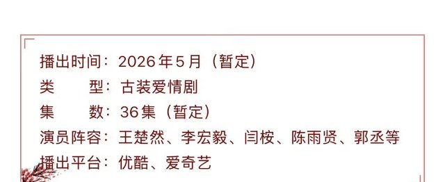 王楚然、李宏毅、闫桉《烽影燃梅香》开启播前招商，预计5月在优酷/爱奇艺播出！！是