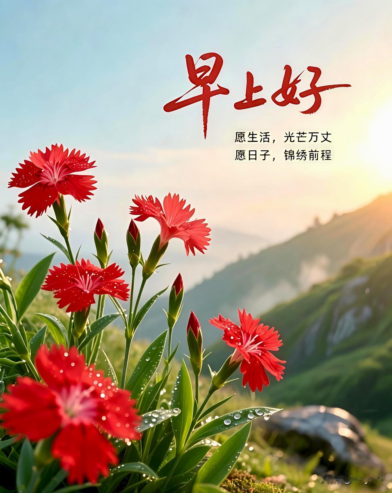 早上好！
问候亲，祝福暖，
思念牵挂都是缘。
清晨起，先祝愿，
健康快乐每一天。
