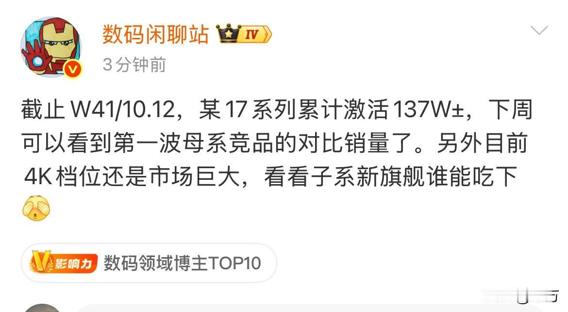 站哥: 小米17系列累计激活137万台！

就在刚才，知名数码博主发了小米17系