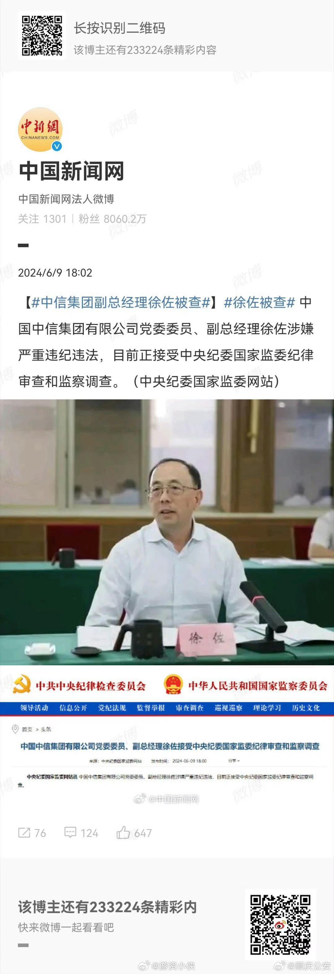中国中信集团有限公司党委委员、副总经理徐佐涉嫌严重违纪违法，被调查。我觉得是人民