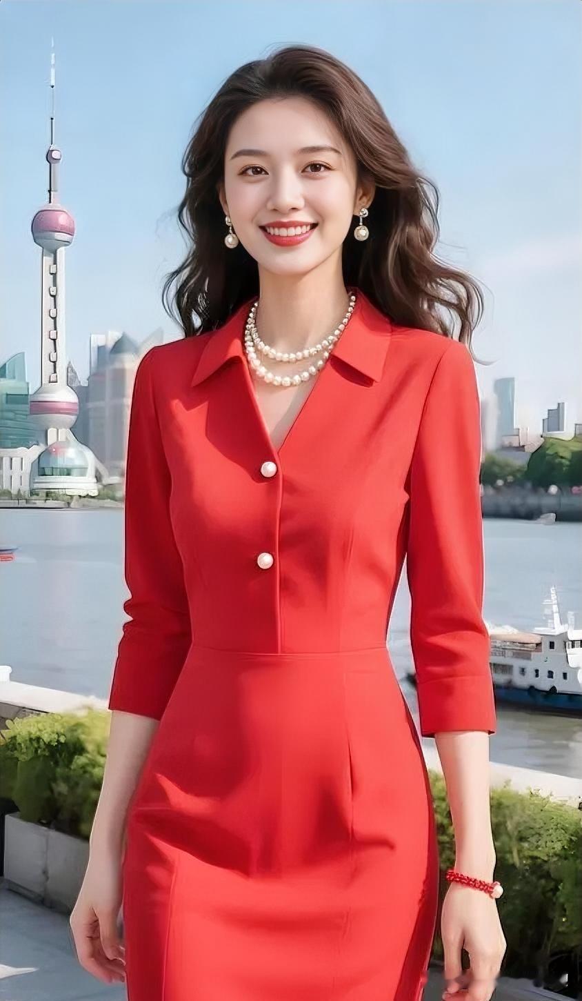 正红裙装映江景，珍珠点睛，明媚自信，于都市繁华中绽放优雅气场。