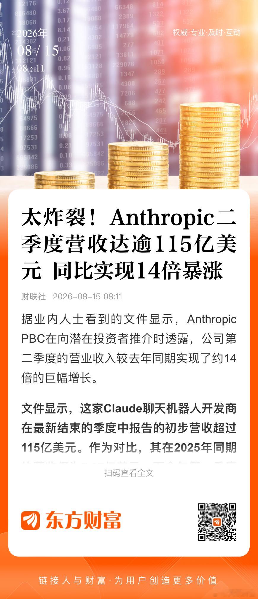 【Anthropic二季度营收超115亿美元 较去年同期增长至少14倍】据报道，