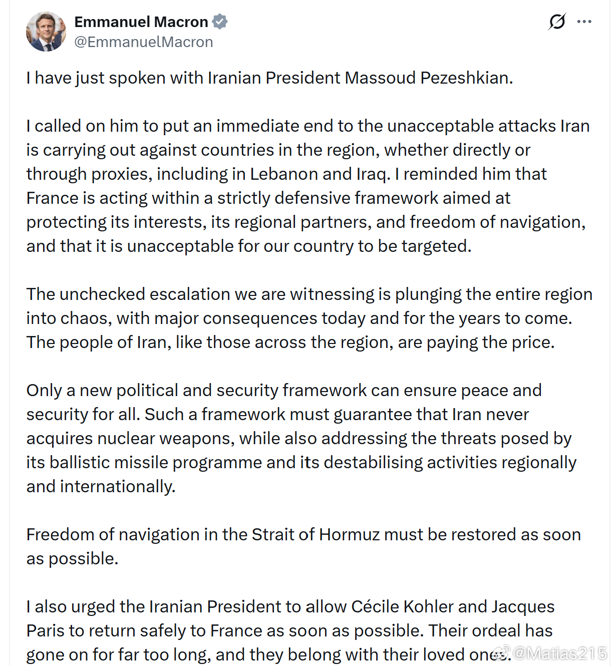 老马与伊朗总统通话，要求伊朗及其代理人停止攻击，立即恢复霍尔木兹海峡。为啥他不跟