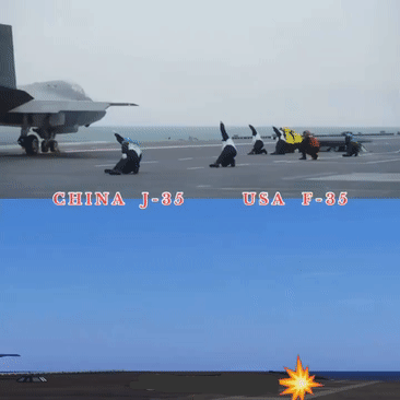 外网盛传歼-35与F-35C弹射起飞直观差距：歼-35从电磁弹射器离舰后，姿态稳