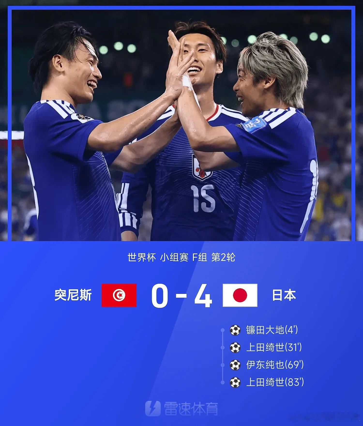 突尼斯vs日本 美加墨世界杯小组赛F组第2轮，日本4-0战胜突尼斯。本场比赛也是