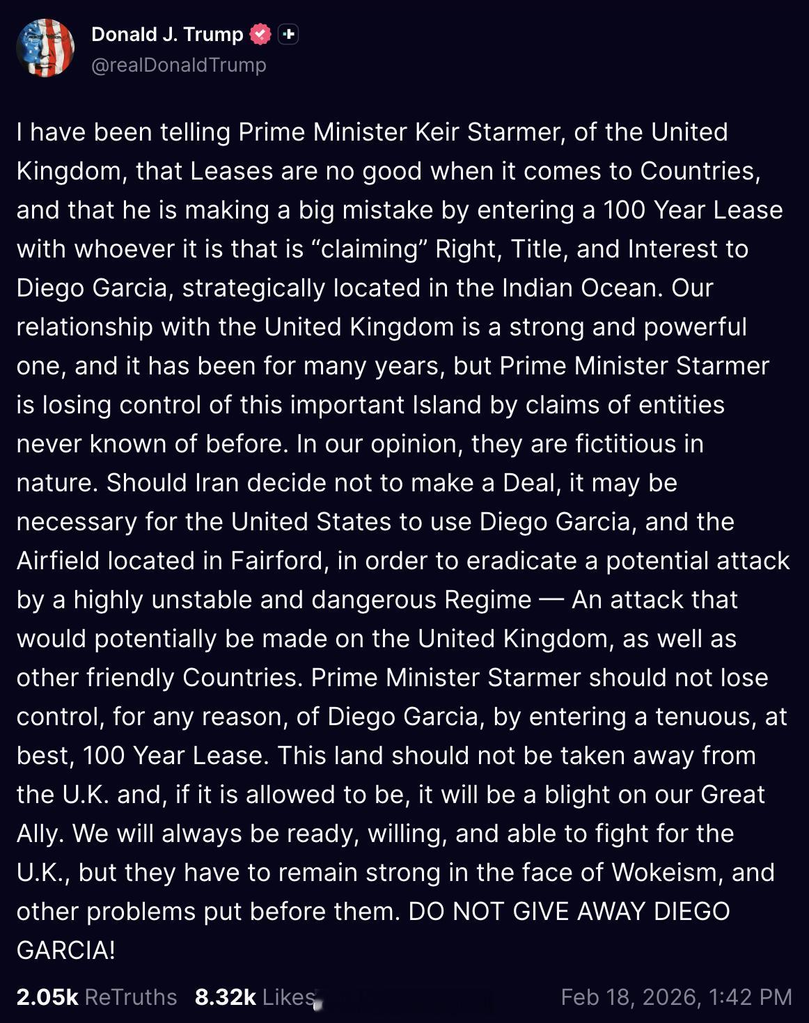 川普发帖称，如果伊朗不达成协议，美国可能不得不动用位于Diego Garcia和